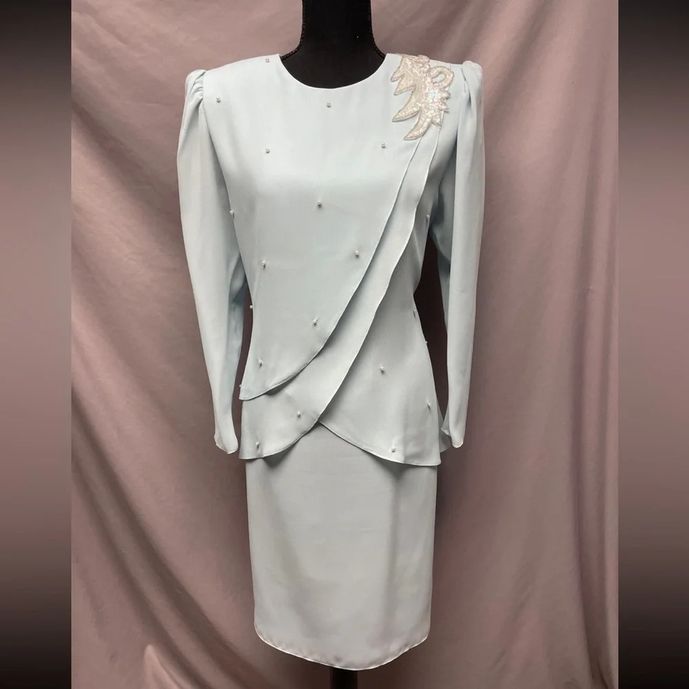 Vintage Dress Sz 12P Light Blue Long Sleeve Formal Black Tie Evening Gown
